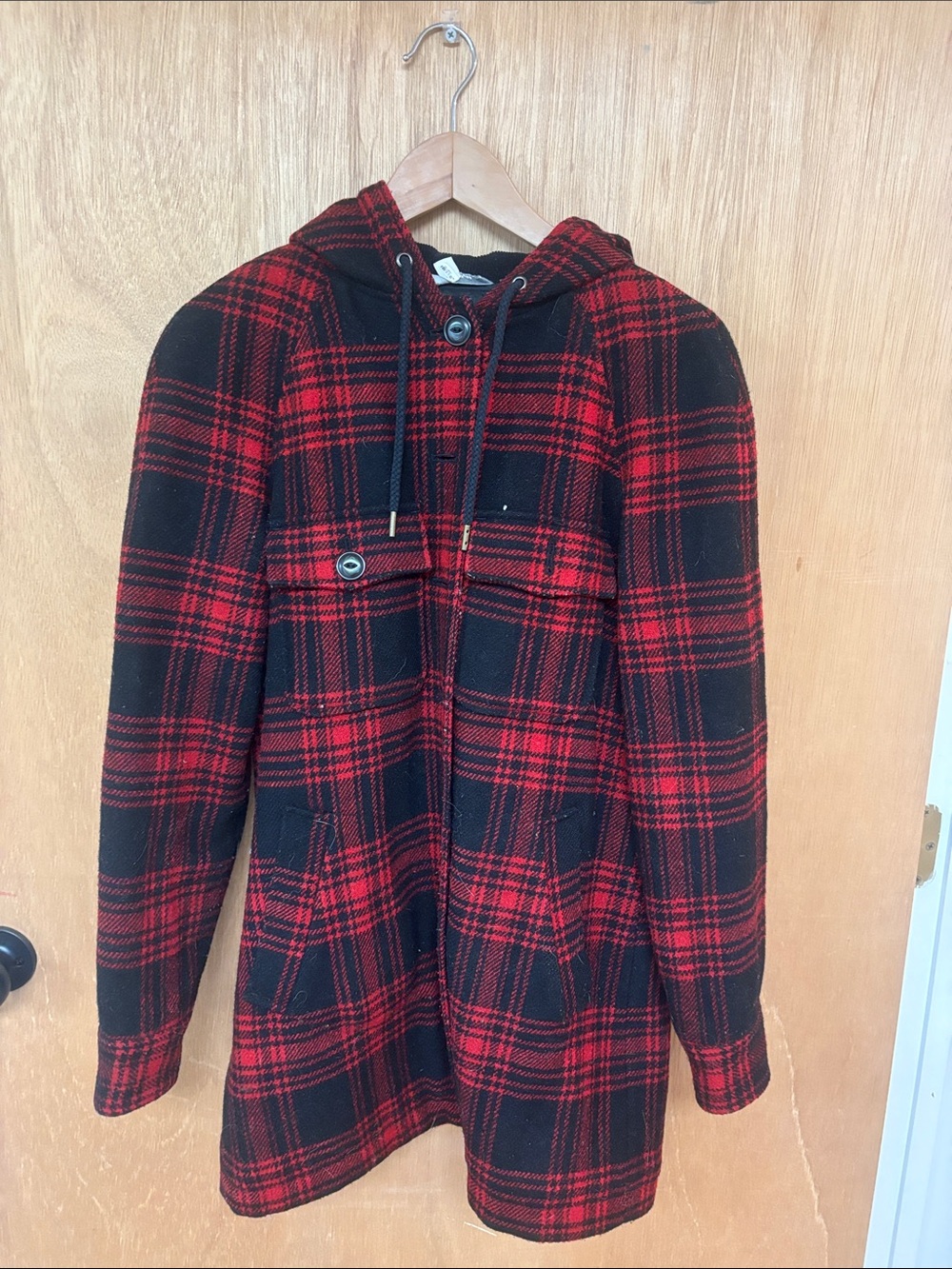 L.L. Bean Red and Black Plaid Pea Coat with Hood
